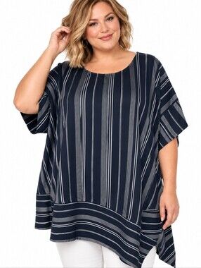 Lane Bryant Plus 28 Navy White Stripe Dolman Sleeve Asymmetric Hem Tunic Top